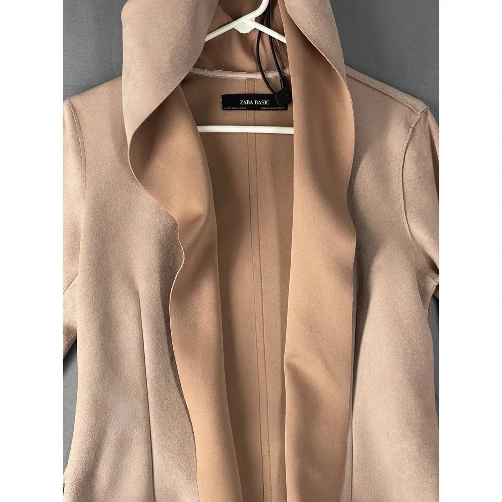 Zara Coat Women's‎ Faux Suede Trench Cream Beige Belted Mid Length Hooded Sz S